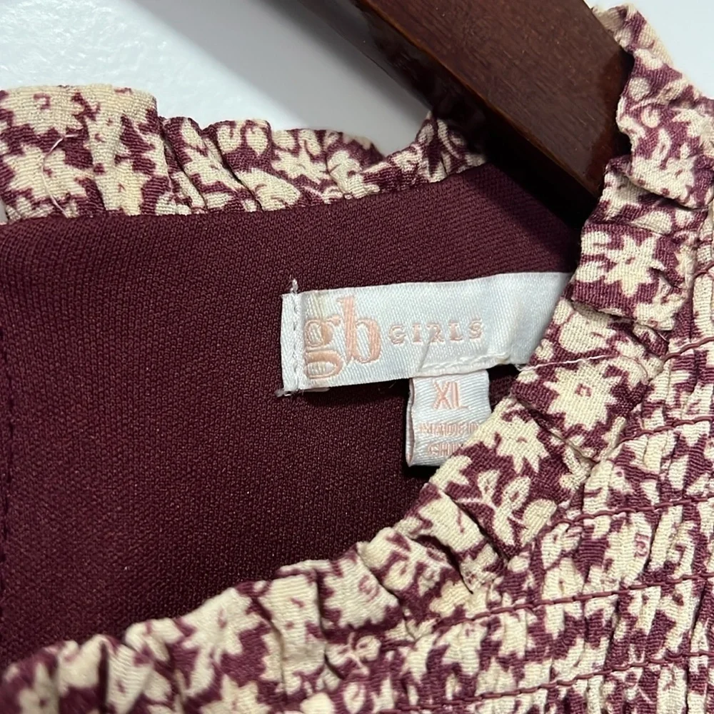 GB Girls Floral Print Knee Length Burgundy Long Sleeve Dress size XL - Picture 2 of 8